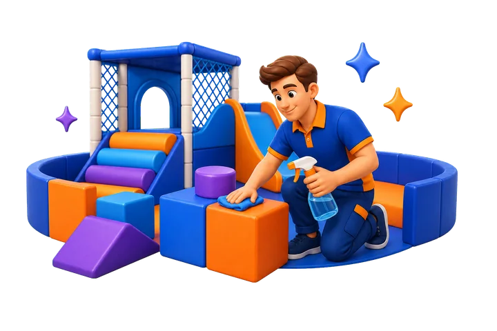 Сотрудница следит за чистотой мягкой игровой зоны